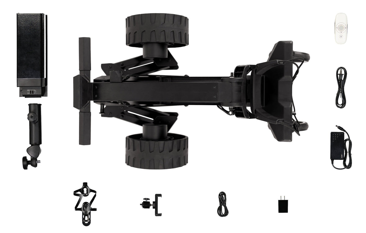 Gozo Golf Caddy package contents including the caddy, battery, accessory holders, remote, and chargers
