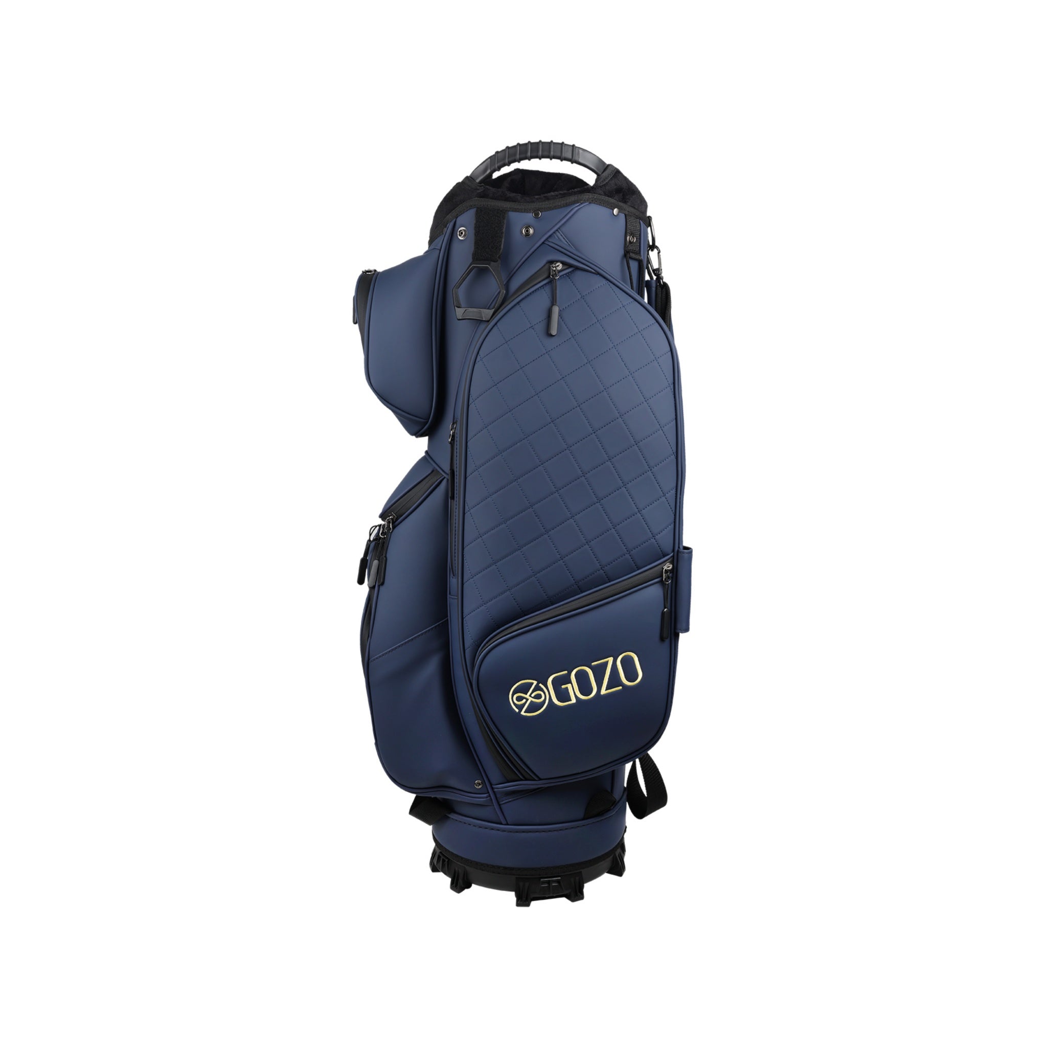 Gozo blue golf bag side view with quilted diamond pattern and large GOZO logo pocket
