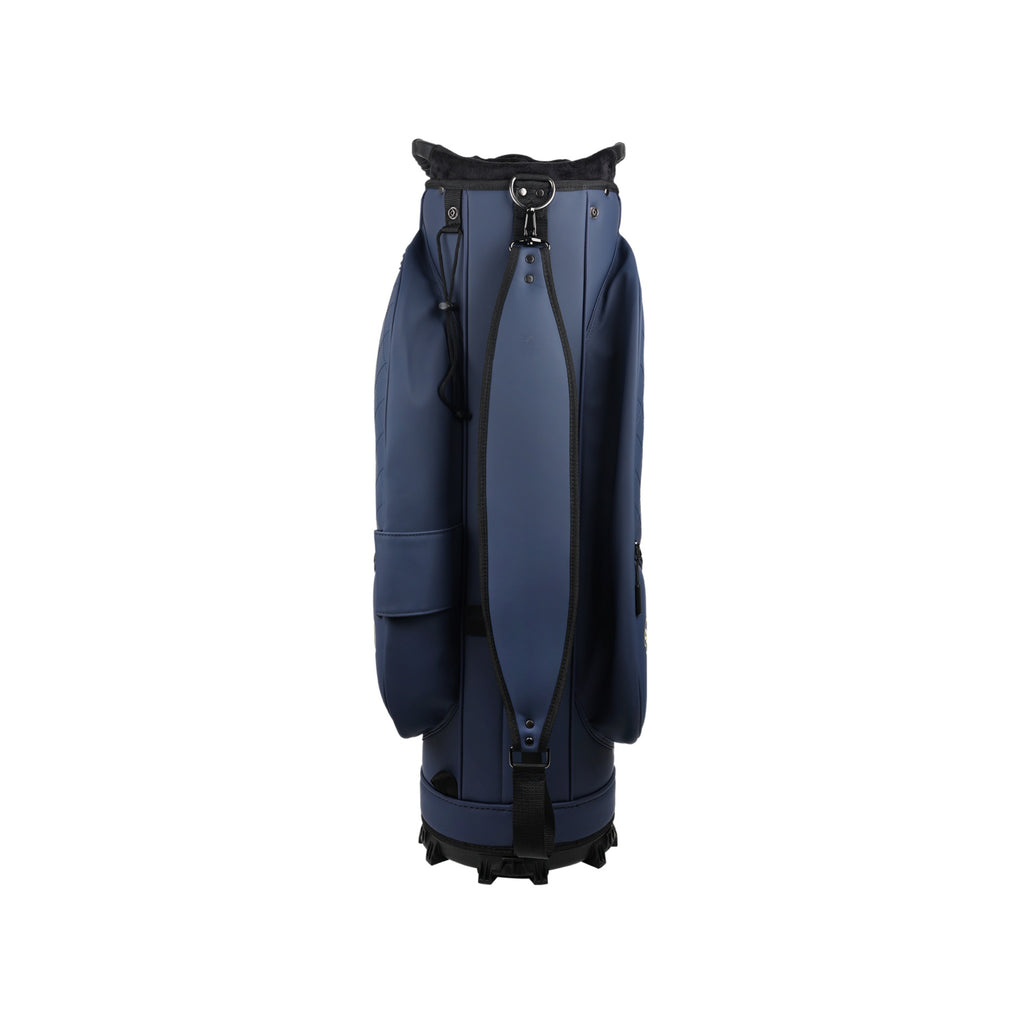Gozo blue golf bag back view with shoulder strap and carry handle