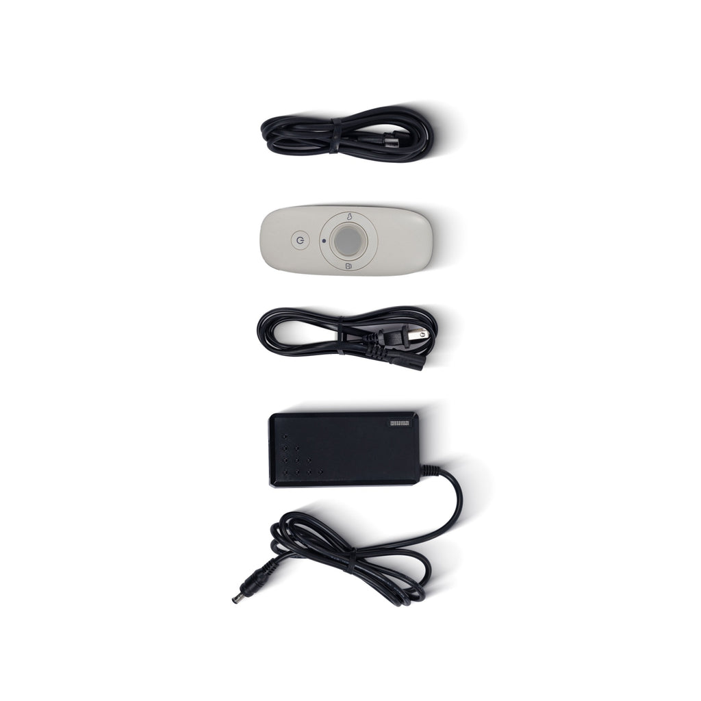 Gozo caddy accessories including the remote control, remote charging cable, battery charger power cord, and battery charger.