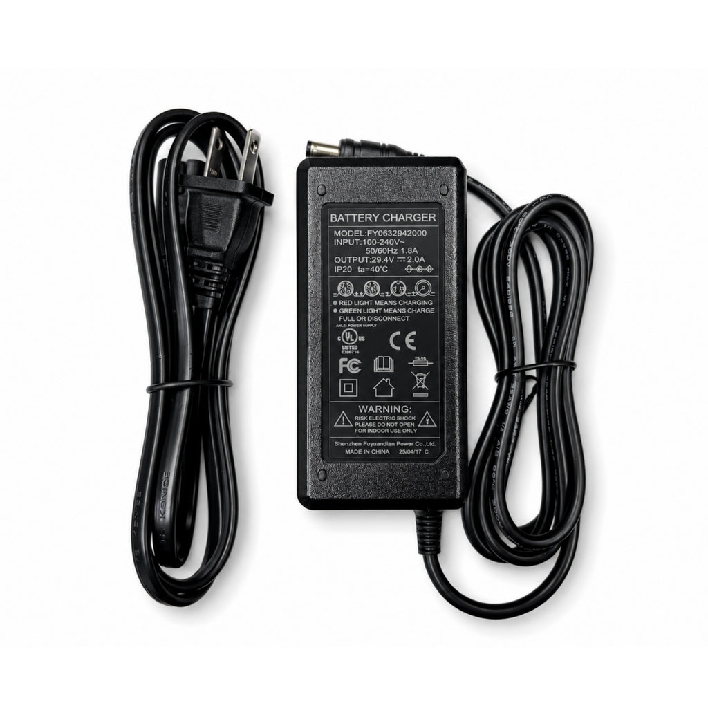 Gozo caddy battery charger with power cord and charging cable on a white background.