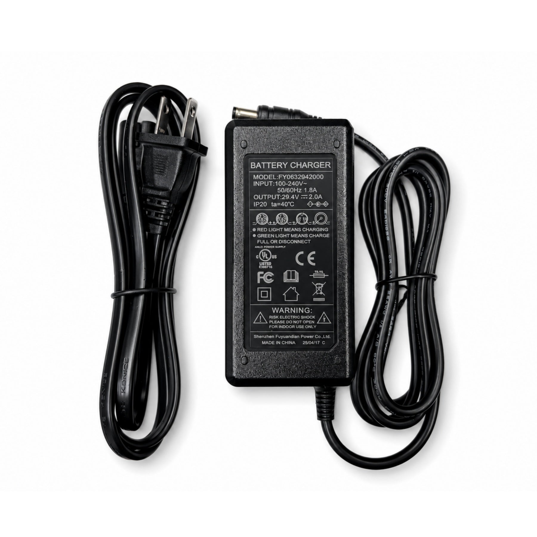 Gozo caddy battery charger with power cord and charging cable on a white background.