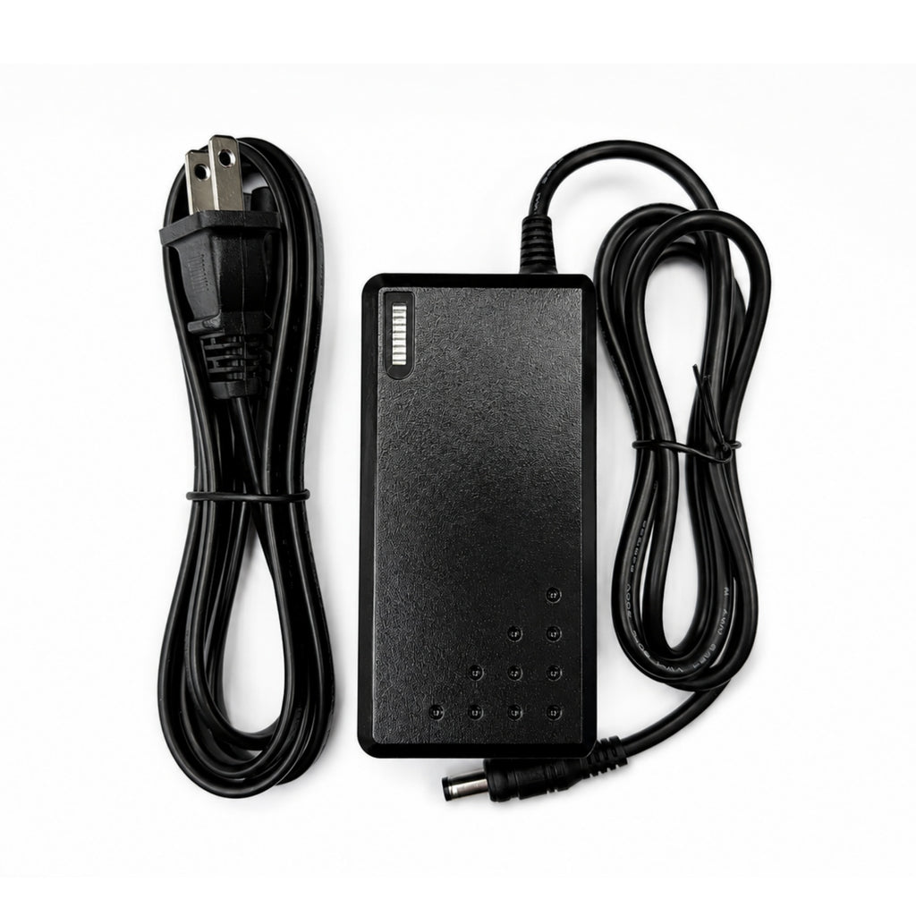 Gozo caddy battery charger with attached charging cable and separate power cord on a white background.