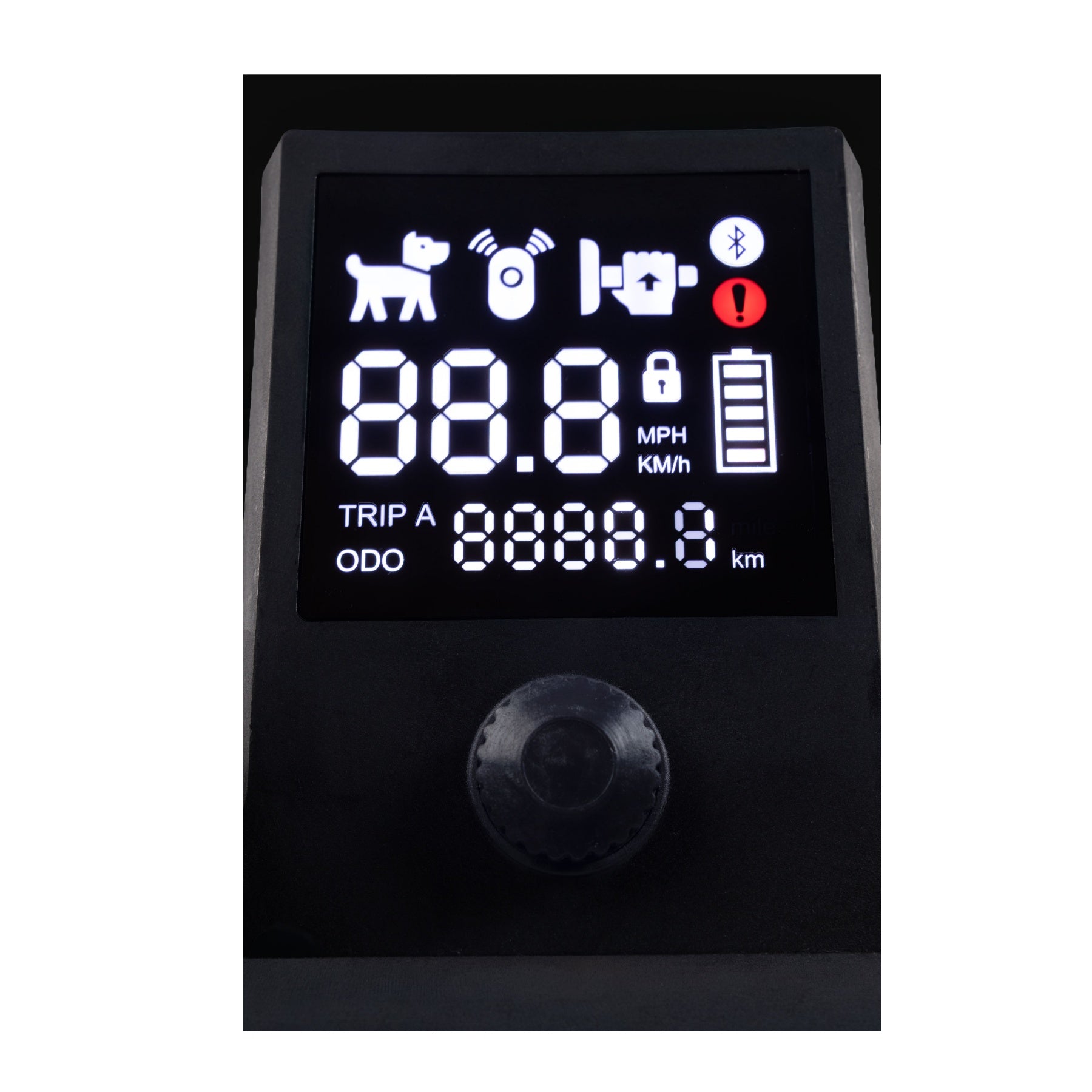 Close-up of the Gozo caddy LED display showing mode icons, speed, mileage, Bluetooth, warning, lock, and battery indicators.