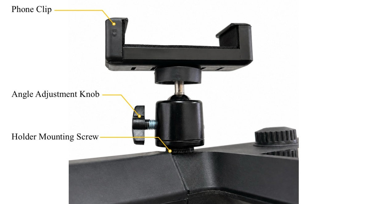 Close-up diagram of the Gozo golf caddy phone holder labeling the phone clip, angle adjustment knob, and holder mounting screw.