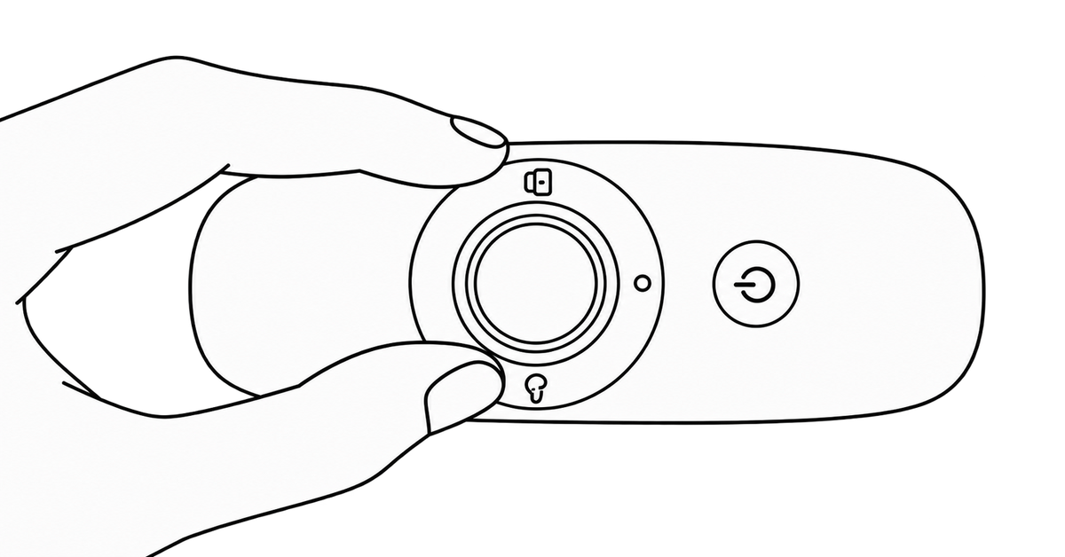 Illustration showing how to press and hold the joystick and buttons on the Gozo golf caddy remote control during the re-pairing process.