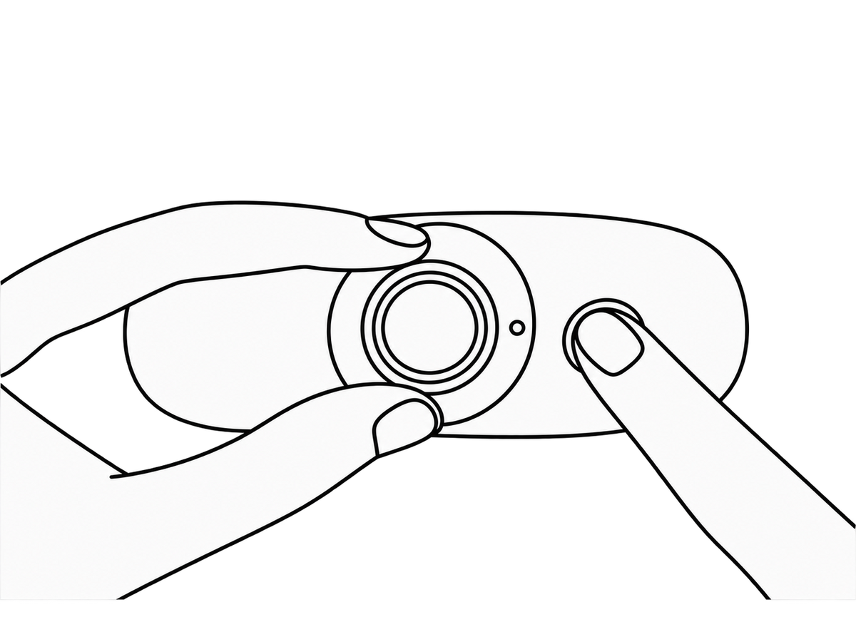 Illustration showing how to press the power button on the Gozo golf caddy remote control while holding the joystick during re-pairing.